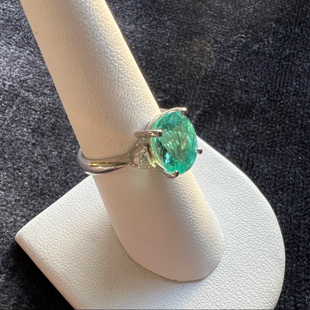 3.99 ct.  PARAIBA TOURMALINE colorless Half moon cut DIAMONDS 950 PLATINUM ring - Picture 11 of 17
